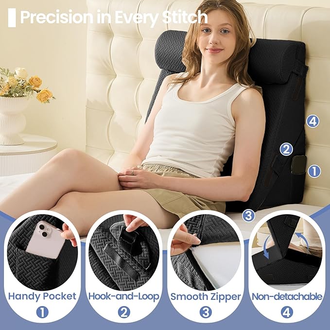 Sasttie Wedge Pillow Set for After Surgery, 2PCS Adjustable Bed Wedge Pillow Headboard with Memory Foam Neck Cushion – for Acid Reflux, Sleeping, Neck & Back Support, Black