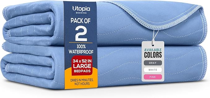 Utopia Bedding Washable Underpads 34" x 52" (Pack of 2), Waterproof Reusable Heavy Absorbency Incontinence Bed Pads for Adults, Kids, Elderly and Pets, Bedwetting Pads for Sofa and Couch (Blue)