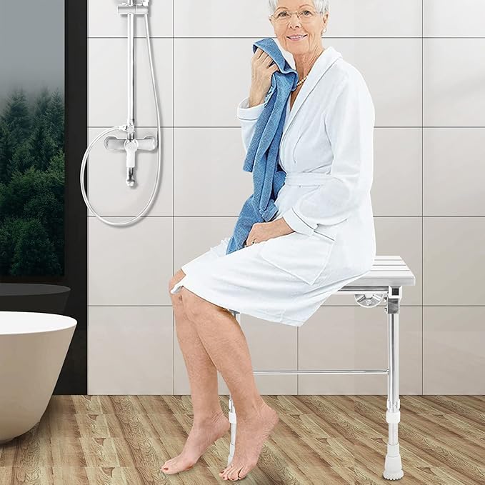 Folding Shower Seat Wall Mounted with Legs, Shower Seat Benches Stool Chair for Inside Shower, Fold Down Shower Seat for Seniors Small Shower Space, Foldable Fold up Waterproof Wood Height Adjustable