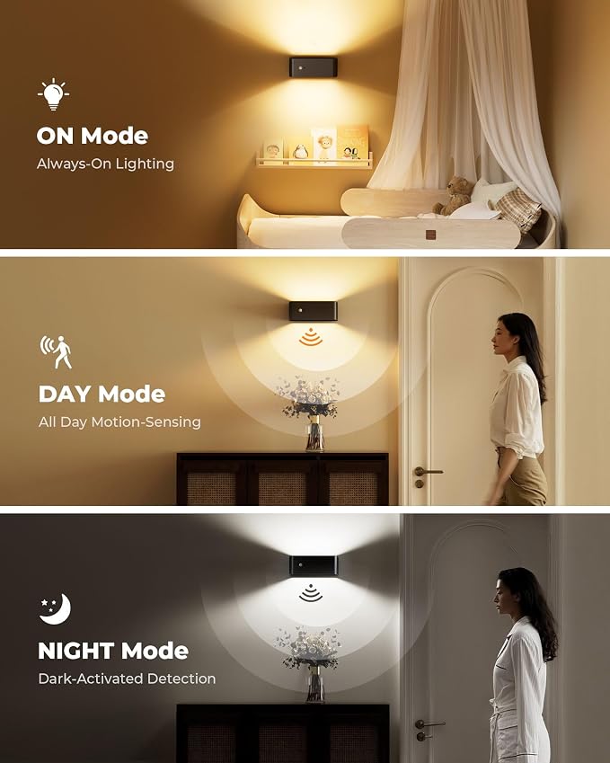 PopoIron Motion Sensor Wall Sconce Indoor with Remote Control 3 Colors Wireless Wall Light LED Wall Sconces Rechargeable 8000mAh Battery Operateded Wall Lamps Brightness Adjustable for Bedroom