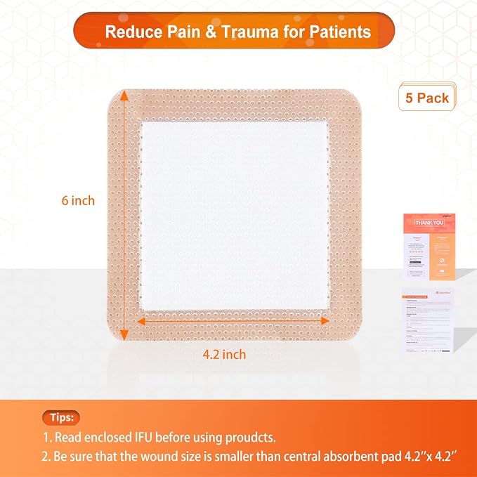 Silicone Foam Dressing with Gentle Adhesive Border 6''x6'' 5 Pack, Painless Removal High Absorbency Waterproof Bed Sore Bandage for Pressure Ulcer, Leg Ulcer, Diabetic Foot Ulcer by EalionMed