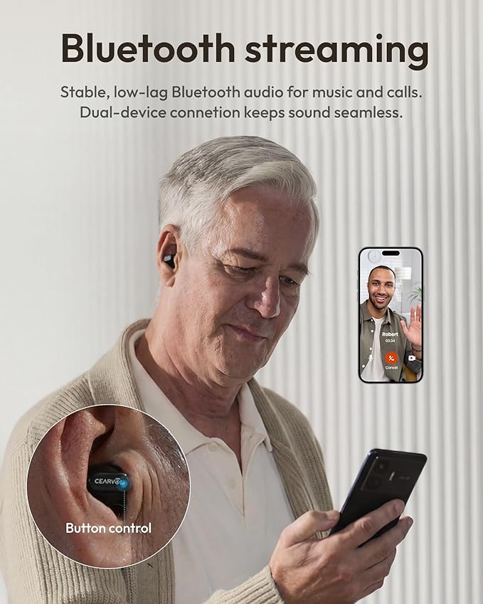 Cearvol Wave Lite OTC Hearing Aids Earbuds with Bluetooth - App Control, Aux-In, Noise Reduction Rechargeable for Mild to Moderate Severe Hearing Loss Seniors & Adults (Starlight)