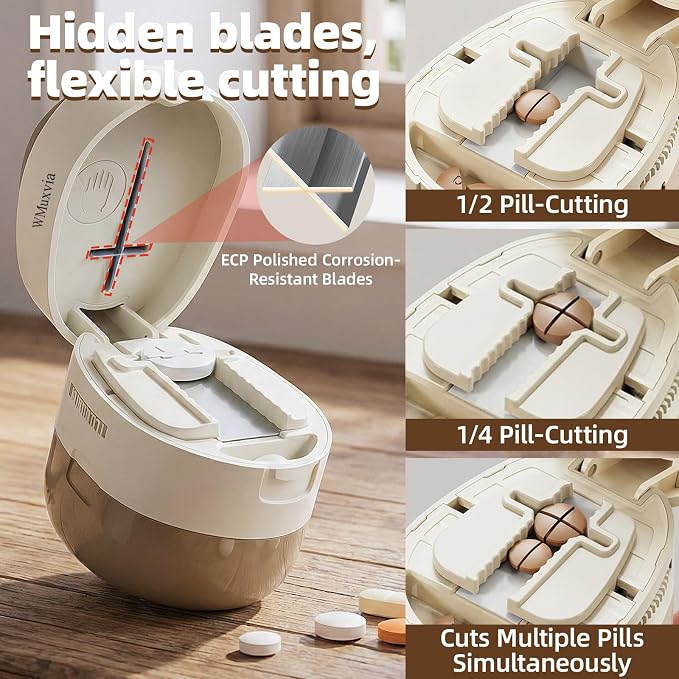 Pill Cutter Splitter with Storage Box, Adjustable Vertical Press Pill Splitter for Small/Tiny Pills Vitamins Tablets, 1/2 & 1/4 Precise Cutting, Hidden Sharp Blade, Multi-Pill Cutting Design