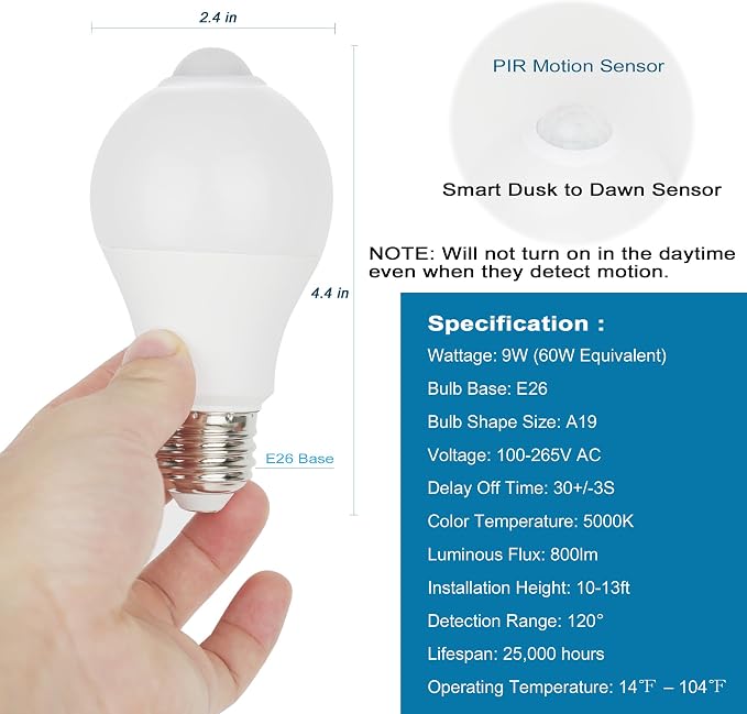 Motion Sensor Light Bulbs for Outdoor Indoor, 9W A19 Motion Detector Led Bulb, 60 Watt Equivalent, E26 800lm 5000K Daylight, Dusk to Dawn Motion Activated Security Lights for outside, Inside (2 Pack)