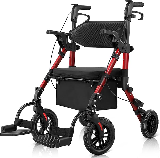 Rollator Walkers for Seniors with Seat, Walker Wheelchair Combo, 2 in 1 Rolling Walker Transport Wheelchair Lightweight Foldable, 10" Big Wheels Transport Chair with Brakes,Red