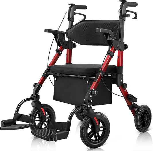 Rollator Walkers for Seniors with Seat, Walker Wheelchair Combo, 2 in 1 Rolling Walker Transport Wheelchair Lightweight Foldable, 10" Big Wheels Transport Chair with Brakes,Red