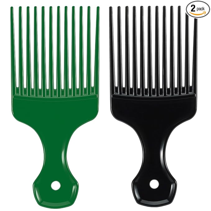SIMPOR 2 Pcs Hair Pick Comb Wide Tooth Lift for Hair Styling Detangling, Plastic Afro Pick for Women Men, Fist Picks for Curly and Afro Hair (Black, Green)
