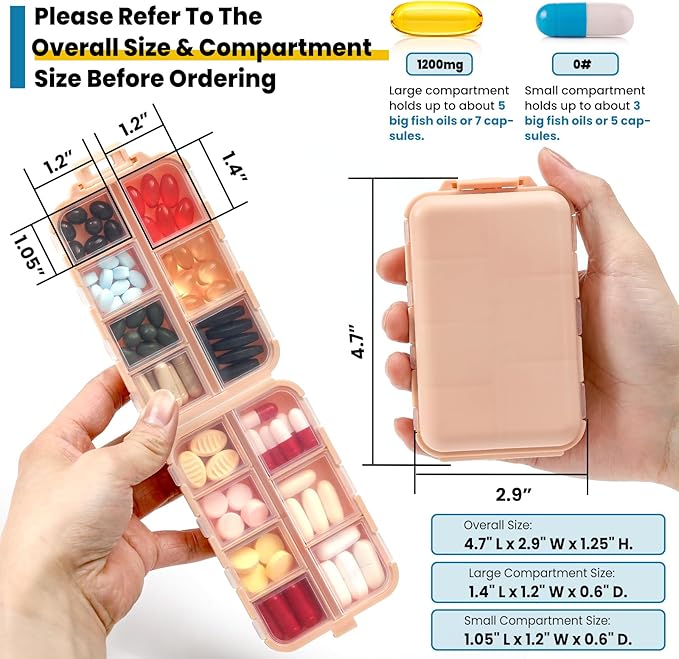 3 Pack 14 Grids Travel Pill Organizer Box with 415-Pcs Medicine Name Labels - Pocket Daily Pharmacy Case Container Kit - Travel Medication Holder Dispenser for Fish Oil Vitamin, Khaki+Pink+Sky Blue