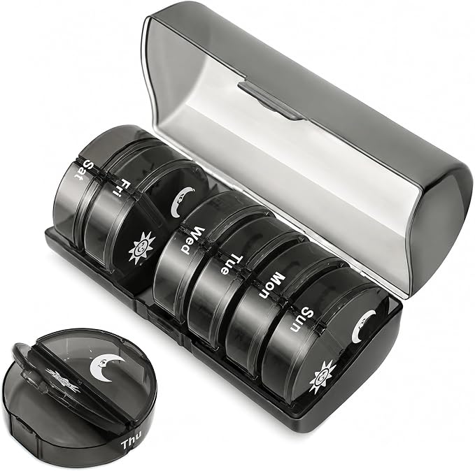 Weekly Pill Organizer 2 Times a Day, Travel Pill Case Organizers 7 Day, AM PM Pill Box for Purse, Pocket, Compact Portable Pill Container for Medication, Vitamin, Fish Oil, Supplement (Black)