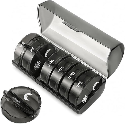 Weekly Pill Organizer 2 Times a Day, Travel Pill Case Organizers 7 Day, AM PM Pill Box for Purse, Pocket, Compact Portable Pill Container for Medication, Vitamin, Fish Oil, Supplement (Black)