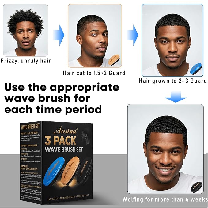 360 Wave Brush Set for Men (Soft, Medium, Hard Boar Bristles) – 3-Pack Curved Palm Hair Brushes for 360 Waves, Wolfing & Daily Grooming – Complete Wave Grooming Kit & Gift Pack