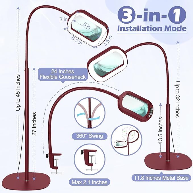 Drdefi 10X Rectangular Real Glass Magnifying Glass with Light and Stand, 24" Flexible Gooseneck Floor Lamp, 5 Color Modes Stepless Dimmable, 3-in-1 Lighted Magnifier Light Hands Free for Reading Red