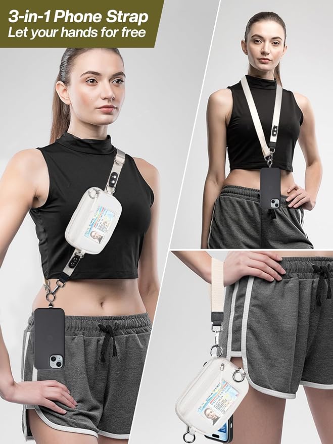 Tiostep Clip and Go Strap for Phone with Wallet Crossbody Phone Lanyard Adjustable and Detachable RFID Wristlet Wallet (Cream, Medium)