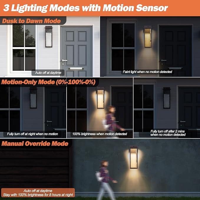 VenzBlomia 20” Large Brown Motion Sensor Dusk to Dawn Outdoor Wall Sconces | 2 Pack Oil Rubbed Bronze Outdoor Wall Lights with Water Ripple Glass, Weather Resistant Modern Elegance, Soft Warm Glow