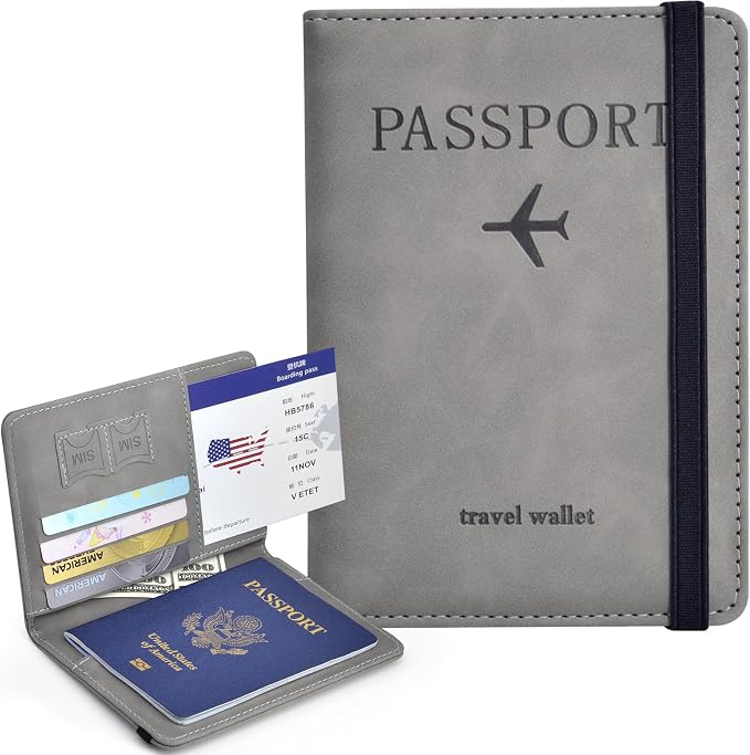 Passport Holder, Passport Cover with Credit Card Slot and Boarding Pass Slot Combo, Passport Wallet Case Book Travel Must Have, RFID Blocking Leather Travel Accessories, Grey