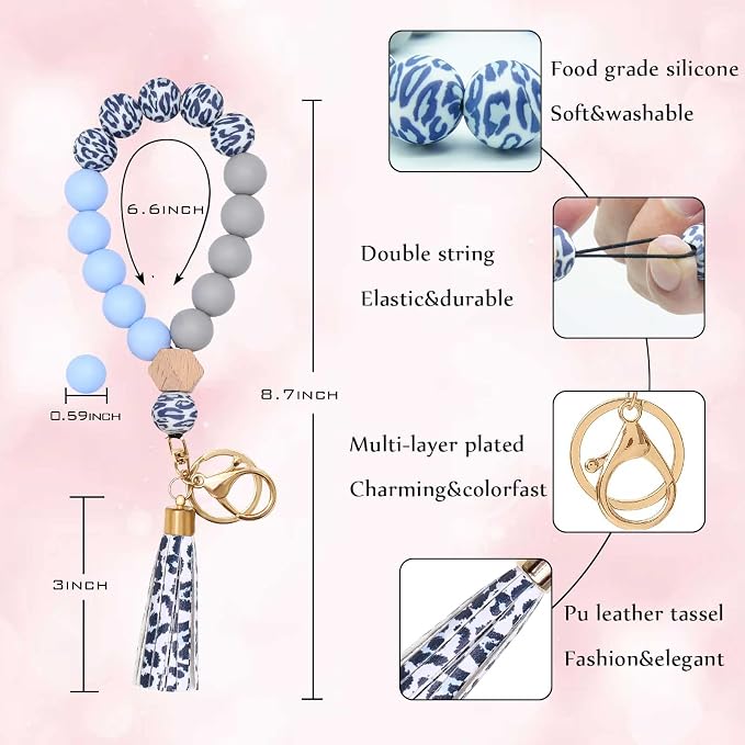BAOSIWA Silicone Key Ring Bracelet Wristlet Keychain Unique Beaded Bangle Key Chains for Women with Leather Tassel