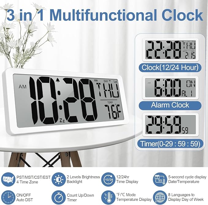 Atomic Clock with Backlight 15.0" Digital Wall Clock Battery Operated Atomic Wall Clock Digital Alarm Clock with Day Date & Temperature for Wall Office Bedroom Living Room
