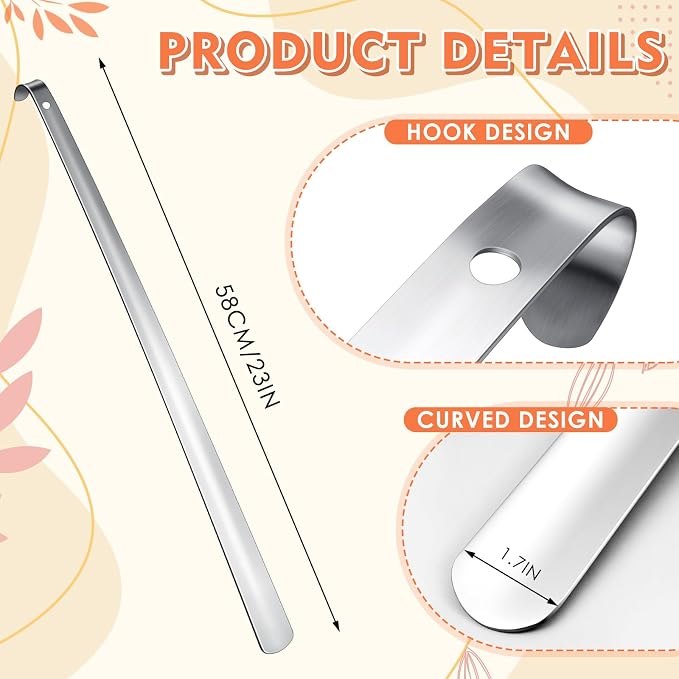 Geelin 2 Pcs 23'' Extra Long Handled Shoe Horn Metal Shoehorn for Men Women Multifunctional Stainless Dressing Stick for Elderly Disabled Limited Mobility, Standing Reach Assist for Senior (Silver)