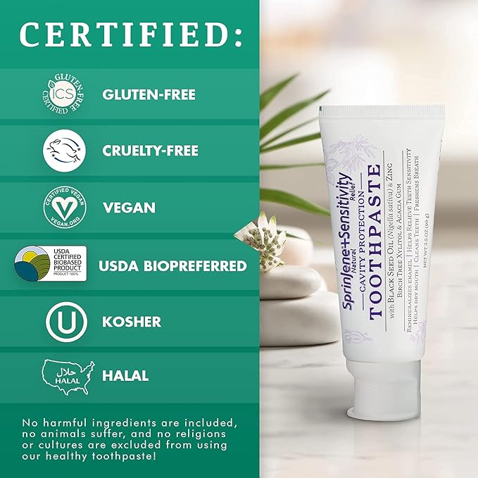 SprinJene Natural Sensitivity Relief Toothpaste – Fluoride Toothpaste for Sensitive Teeth & Cavity Protection – SLS Free with Patented Black Seed Oil & Zinc – Made in The USA (2 Pack)