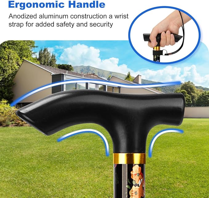 MFE Folding Cane, Portable 5-Level Adjustable Height Walking Stick with Foldable Design, Wrist Strap, and T Handle for Men and Women