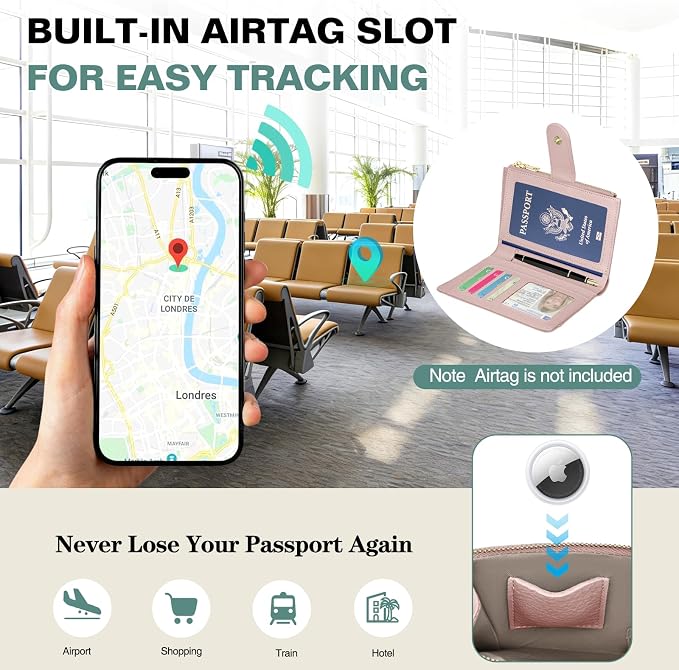 RFID Passport Holder for Travel, Leather Passport Wallet Cover with Airtag | with Airtag Slot, Card Cash Holders, Zippered Coins Pocket, for Women/Men, Gift Box, Travel Essentials, 4.1"L x 1"W x 6.3"H