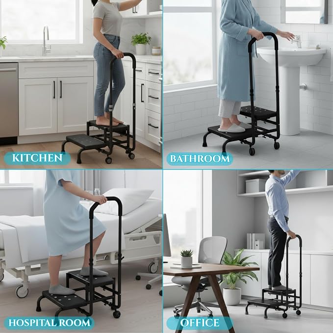 2 Step Stool with Handle & Wheels for Seniors, 400 lbs Capacity, Heavy Duty Step Stool for Bed, Adjustable 5-Level Handrail, Non-Slip Wide Steps, for Grandpa