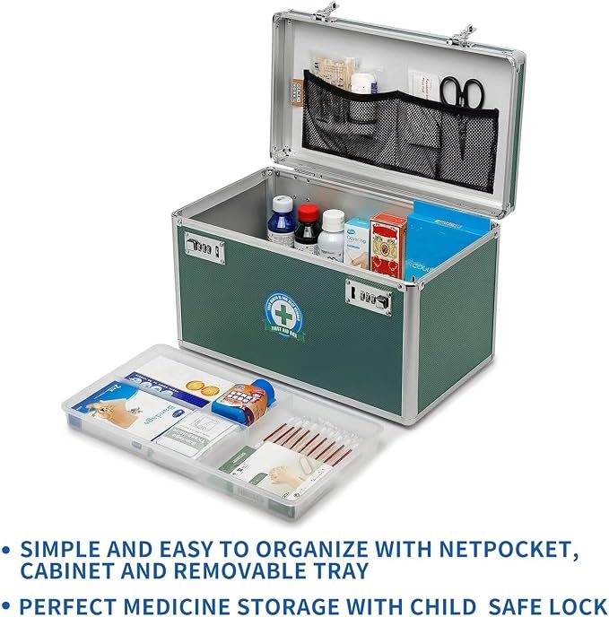 Large capacity Locking Box， Lockable Medication Box with Portable Storage Case, 15''x 8.7''x 9.3'', Childproof Medicine Lock Organizer, Locked Empty First Aid Storage Case (GREEN)