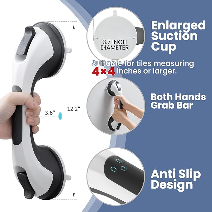 Shower Grab Bar Suction Cup 12 inch, Grab Bars for Bathtubs, Bathroom Safety Grip Shower Handle for Elderly and Seniors, Bath Handrails Removable & Reusable Waterproof, No Drilling, Black