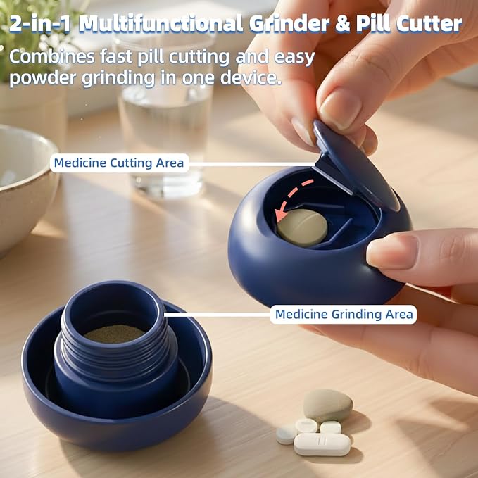 Pill Cutter Splitter for Small and Tiny Pills, 2-in-1 Mini Pill Crusher Grinder, Precise Cutting for Pills Vitamins, Portable for Travel & Pet (Blue)
