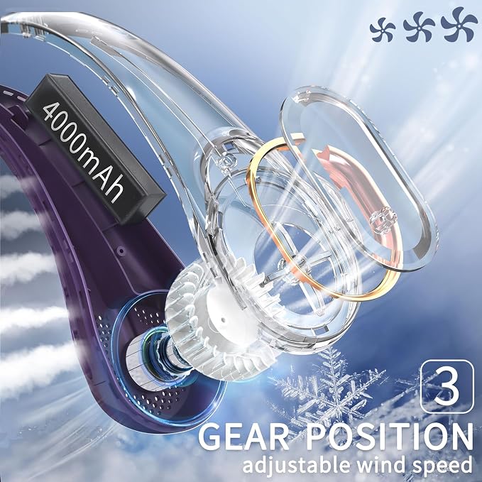 FrSara Neck Fan, Portable Personal Fan Strong Wind, 4000mAh, Air Volume | 360° Cooling, No Hair Twisting, Air Volume On 2 Sides, Non-Slip, Quick Charge, Long Use Time, Gift for Women, Men, Birthday