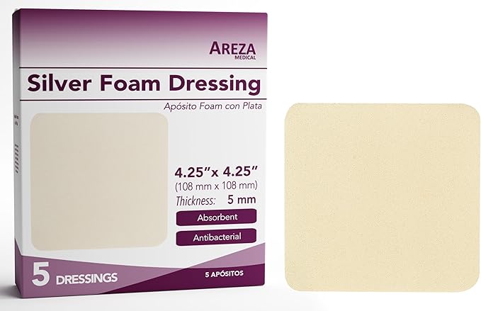 Areza Medical - Silver Foam Wound Dressing Pad - Sterile - 4.25" X 4.25" (10.8 cm X 10.8 cm) - 5 PCS per Box