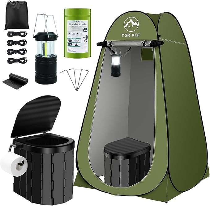 Portable Toilet Kit, Camping Toilet with Pop-Up Privacy Tent and Poo Gel Toilet Bags, Washable Portable Outdoor Showers Changing Rooms