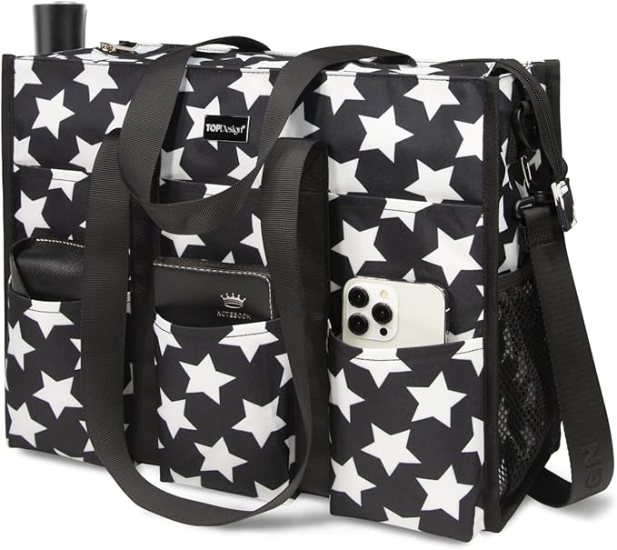 TOPDesign Utility Water Resistant Tote Bag with 22 Pockets, Top Zipper Closure & Thick Bottom Support, for Working Women