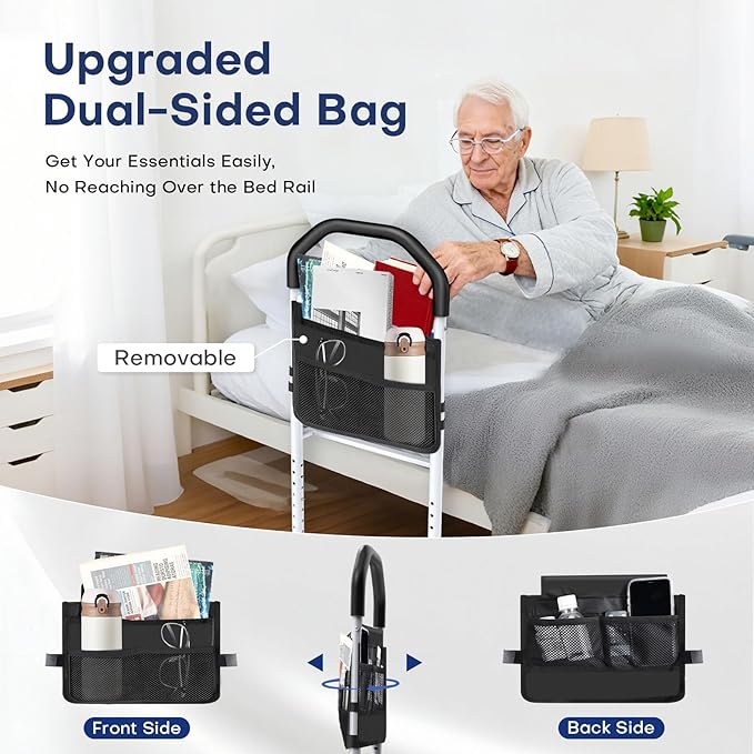 Bed Rails for Elderly Adults Safety - ASTM Approved Bed Side Rail for Seniors with Support Leg,Two-side Storage Bag, Non-Slip Bed Assist Cane Guard,Adjustable Bedrails for King,Queen,Full,Twins