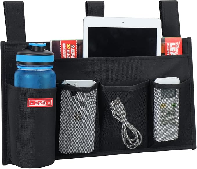 Zafit Hanging Bedside Caddy, Bedside Storage Organizer for Magazine, Phone, Remote control (5 Pockets-Black)