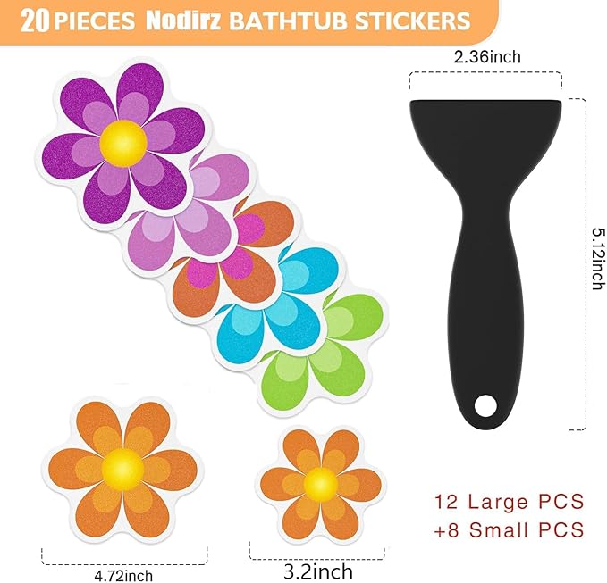 Non Slip Bathtub Stickers, 20 PCS Shower Stickers for Safety Bathroom Tubs, Bathtub Non Slip Stickers and Adhesive Decals Scraper for Bath Tub, Shower Floor(Bright Flowers)