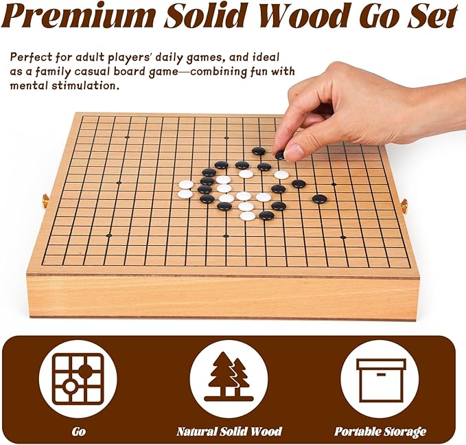 12-Inch Traditional Wooden Go Game Set with Pull-Out Storage Drawers – Classic Weiqi Board Game with Black and White Stones – Premium Wood Go Board for Beginners, Adults, and Professional Players