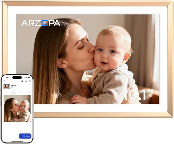 ARZOPA D10 Metal Digital Picture Frame Free Cloud Storage No Subscription 10.1" HD Anti-Glare Touchscreen Load Photos & Videos from Phone Ideal for Thoughtful Gifting Exquisite - Champagne Gold