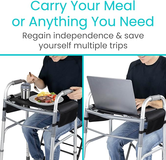 Vive Walker Tray for Folding Walker w/Cup Holder & Pockets - Removable | Adult Mobility Accessories - Fits Standard Walkers - Medical Table for Seniors Non Slip Mat for Food - Easy Assembly