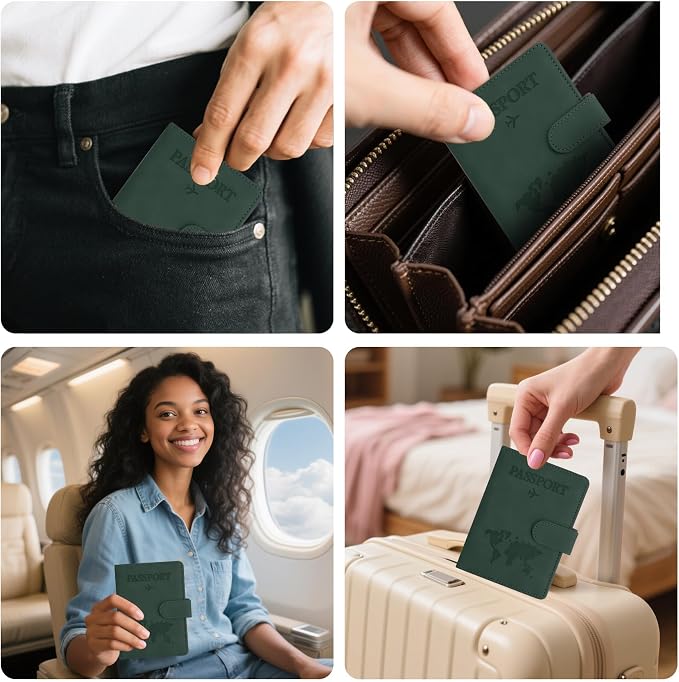 Passport Holder for Travel Essentials, Dark Green Leather Passport Cover, Passport Wallet Holders for Women Men Family Travel Gifts Must Have Accessories, Credit Card Cash Air Ticket Storage Supplies