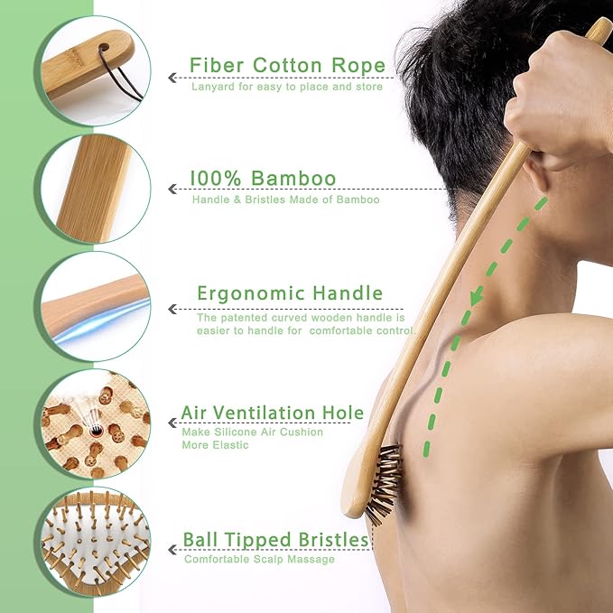 Large Curved Bamboo Back Scratcher - 59 Wooden Points Provide Instant Itch Relief, Curved Handle & Air Cushion, Easy to Reach Itch Point, Back Massager for Men Women Adults（White）