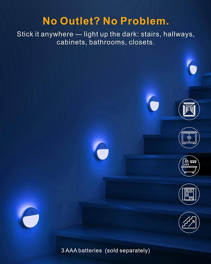 Toilet Light Motion Sensor, Dim Blue Night Light Battery Operated | 2 Pack, 3 Modes, Dimmable 1-10lm, Soft Glow, Motion Activated LED Nightlight, Wireless Stick on Light for Kids, Bathroom