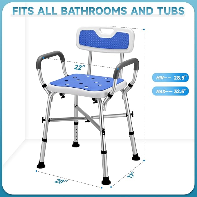 Shower Chair for Inside Shower, FSA/HSA Eligible 600 lbs Heavy Duty Shower Chair for Elderly and Disabled, Height Adjustable Shower Chair with Arms and Back, Bath Chairs for Seniors, Adults, Handicap