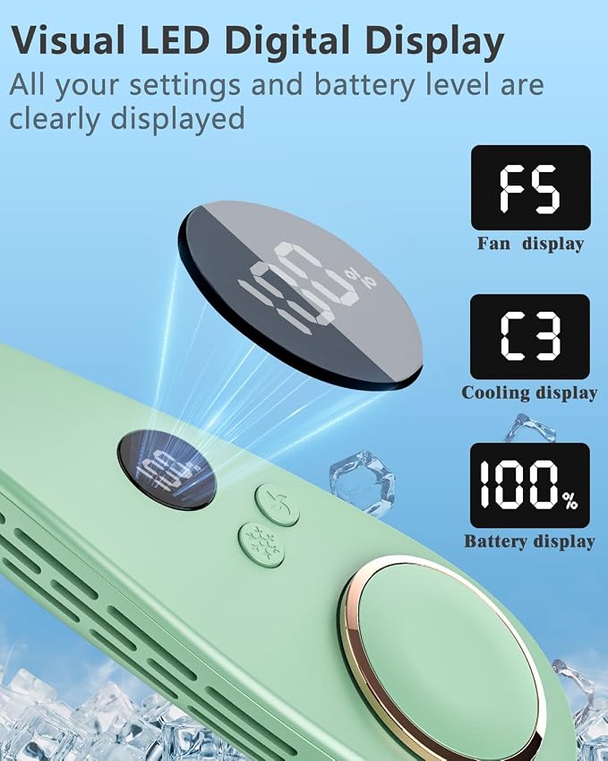 Personal Neck Air Conditioner with Cooling Plates, 5500mAh Long Battery Life, Silent Wearable Cooling Neck Fan, Bladeless lightweight Headphone Fans for Hot Flash Women Adult Outdoors, Light Green