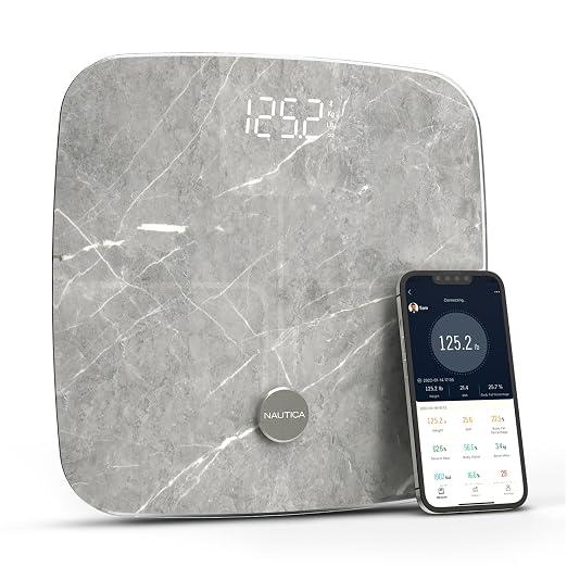 Nautica Body Tracker Digital Bathroom Scale, Bluetooth-Enabled Smart Scale with BMI, Body Fat, Muscle Mass Tracking & More, Syncs with Smartphone App for Body Composition Tracking, 440 Lbs.