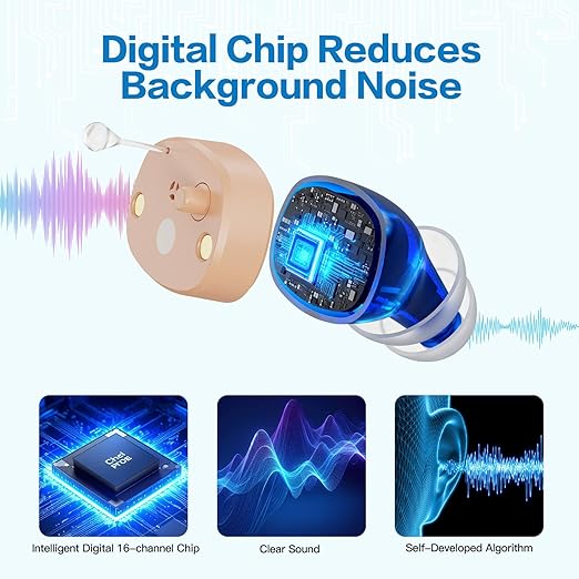 Hearing Aids for Seniors Rechargeable with Noise Cancelling - Invisible In-Ear Amplifiers for Crystal Clear Sound, Portable Charging Case & 20Hr Battery, Comfort Fit for TV, Conversations & Outdoors