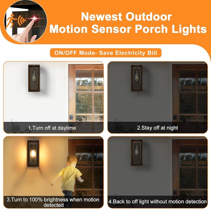 15" Motion Sensor Outdoor Wall Lights, Outdoor Sconces, 2 Pack | Dusk to Dawn, Large Size, Anti-Rust, Waterproof, Easy Installation, Distressed Brown Exterior Lighting Fixtures for Porch