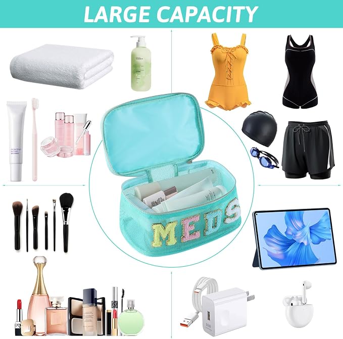 Medicine Bag, Portable Meds Bag with Chenille Letters, Breathable Mesh Makeup Bag Organizer for Travel, Pill Storage & Cosmetic Collection