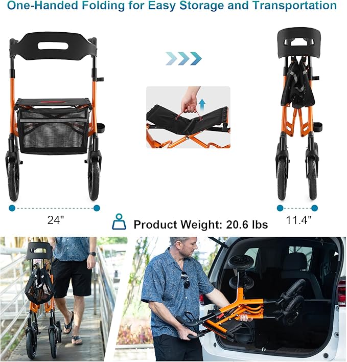 Rollator Walker with Seat, Tall Walkers for Seniors, 12" Big Rubber Wheels All Terrain Rollator Walker with Backrest, Built-in Cable, Foldable and Dual Adjustable Height for 5.3-7ft, Orange