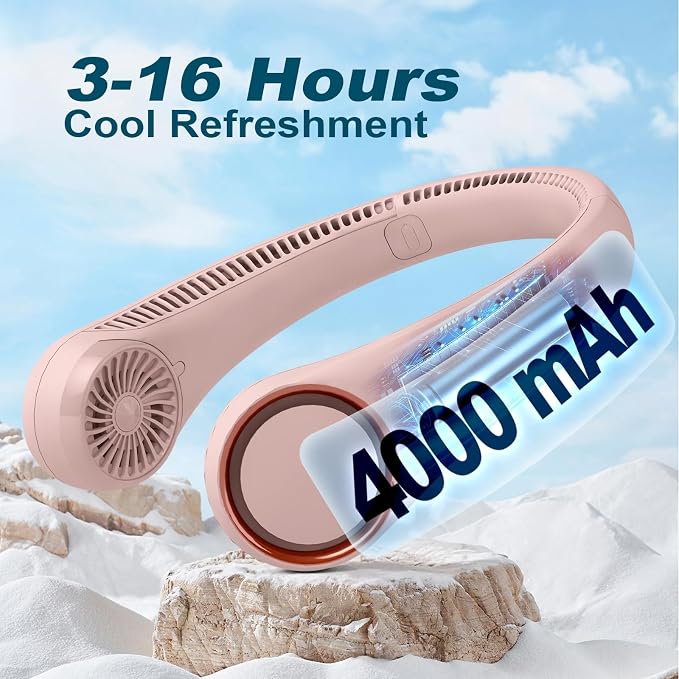 CIVPOWER Neck Fan: Portable Personal Neck Cooling Rechargeable Bladeless Fan - Hands Free 3 Speed 4000 mAh Battery USB Operated Wearable Headphone Design - Gift for Men Women Outdoor (Pink)